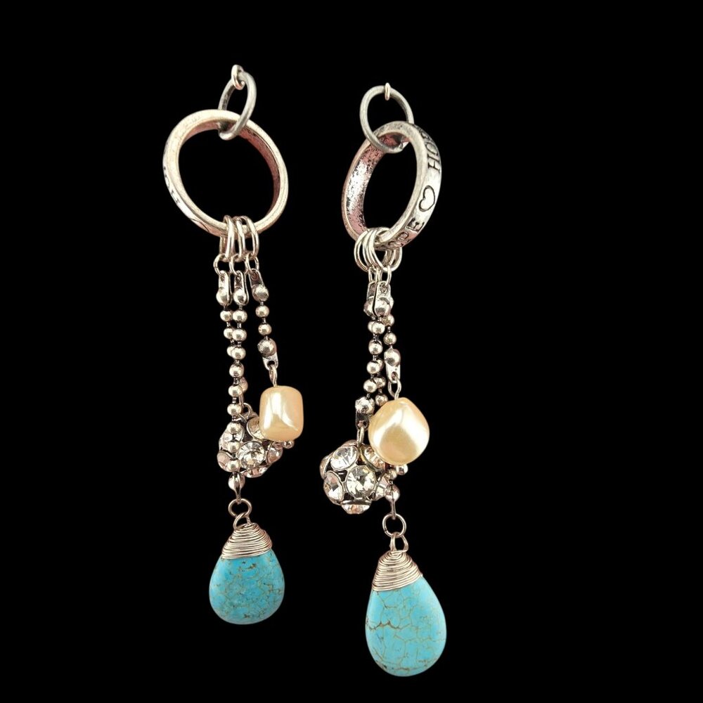 5'  Silver Dangle Earrings Turquoise Drops Faux Pearl & Crystal Accents LONG - Picture 2 of 6